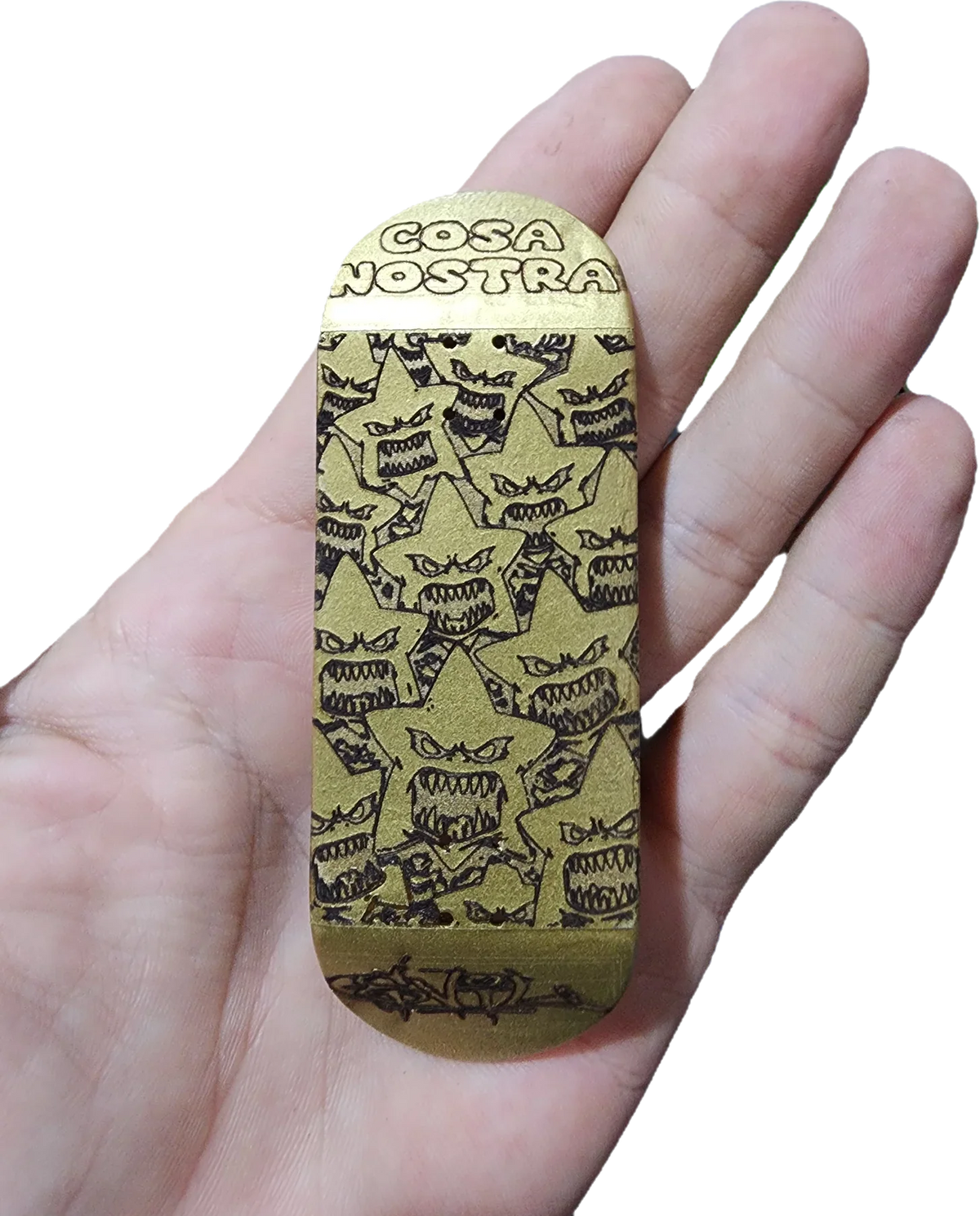 Gold Cosa Nostra custom handmade fingerboard deck with star character graphics