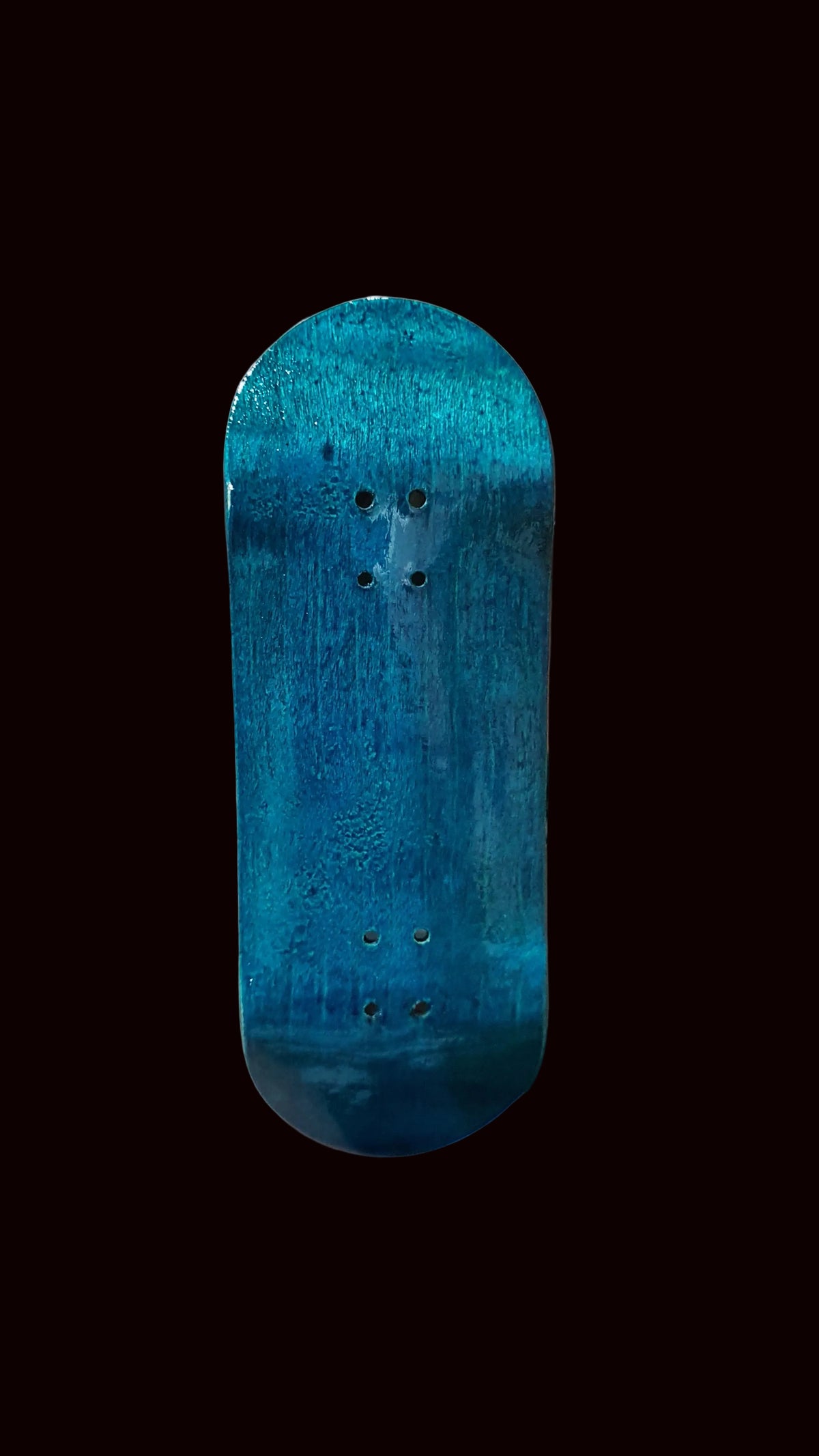 Blue teal fingerboard deck, top view with six mounting holes and subtle fade.