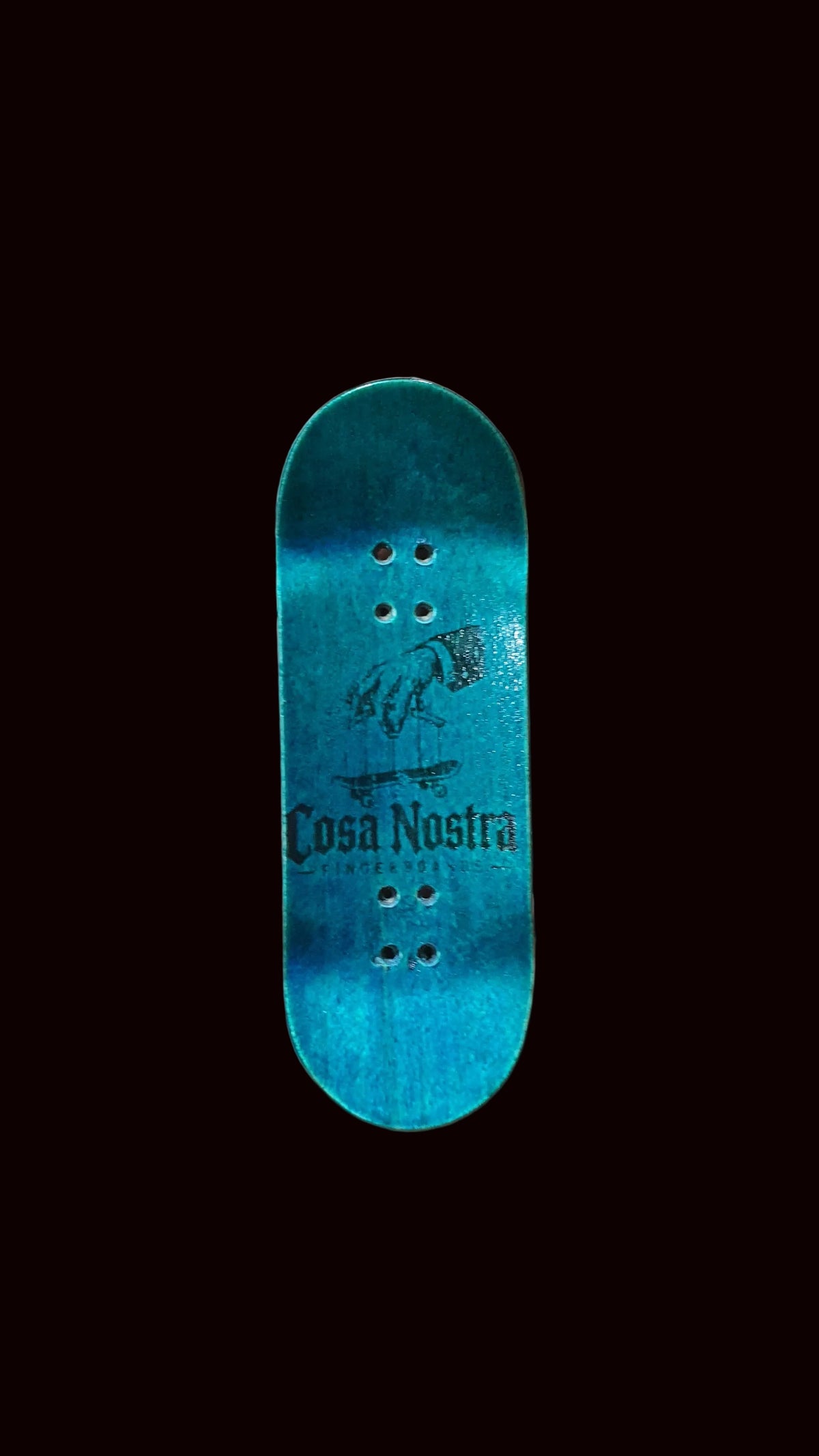 Blue teal fingerboard deck, vertical view with central logo graphic and six holes.
