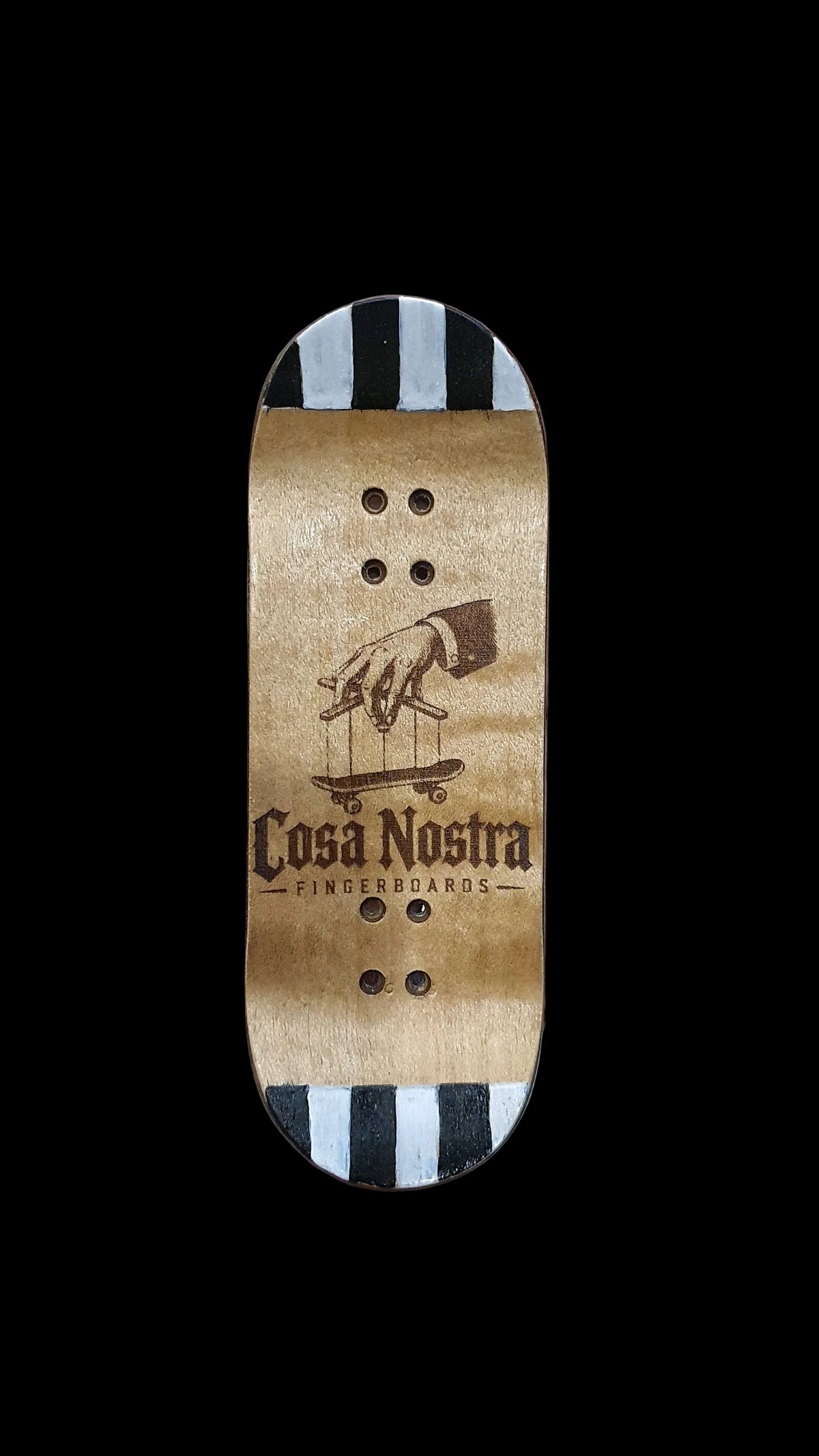Tan skateboard deck with Cosa Nostra logo, screaming figures graphic, striped ends