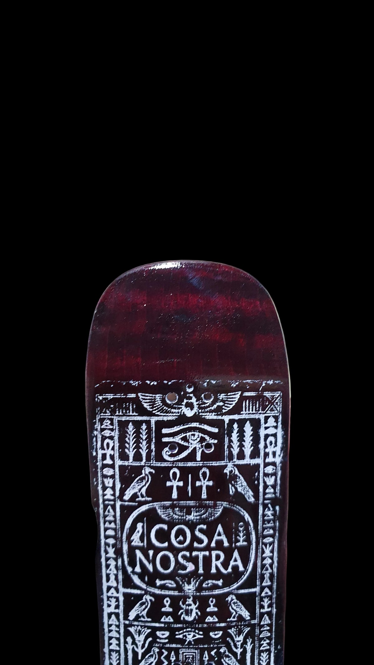 Close-up of the red-brown fingerboard underside with ornate white Cosa Nostra graphic