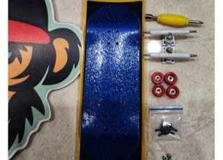 Blue custom fingerboard deck with miniature trucks, wheels, and hardware accessories.