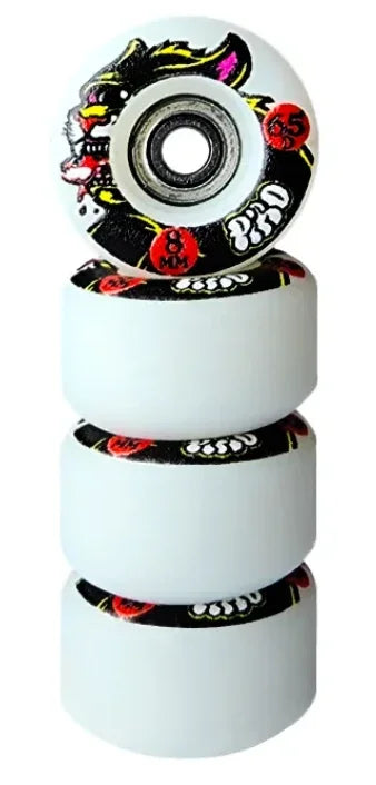 Set of four white custom fingerboard wheels with graphic designs and 8mm bearings.