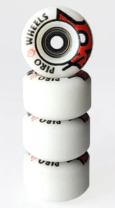 Stack of four white Piro fingerboard wheels with black and red graphics.