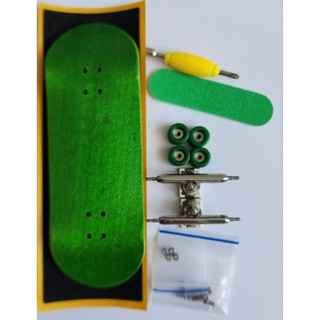 Green fingerboard kit with deck, trucks, wheels, and grip tape