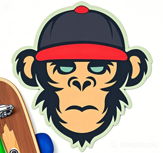 Stylized monkey illustration wearing a red and black baseball cap next to a fingerboard deck.