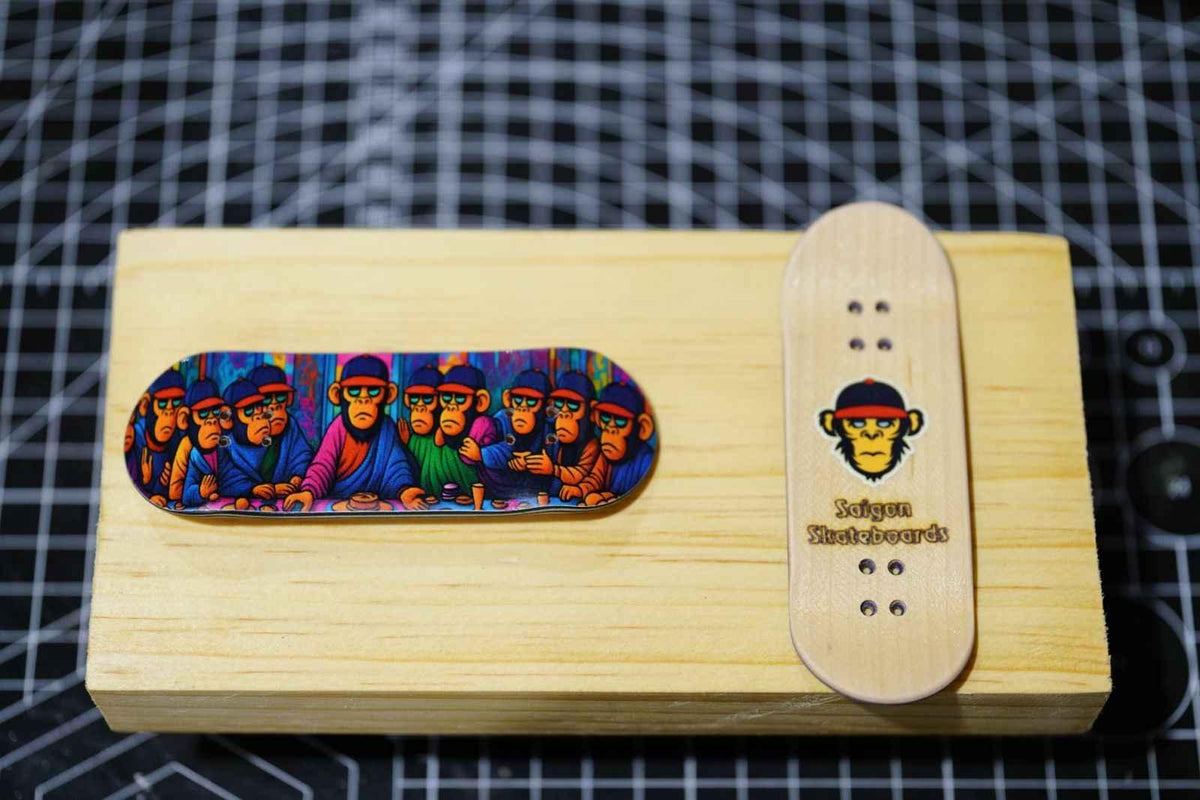 Custom fingerboard deck featuring a colorful Bored Ape Yacht Club illustration.