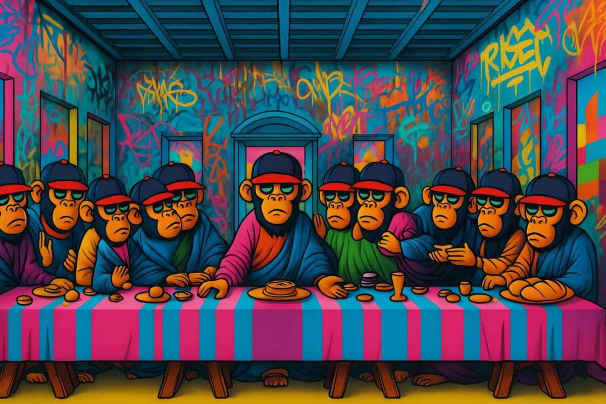 Colorful digital art of monkeys in caps and sunglasses sitting at a long table in a graffiti room.