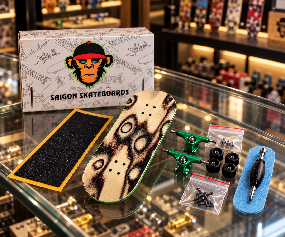 Fingerboard set with streak-pattern deck, grip tape, green trucks, wheels, and tool