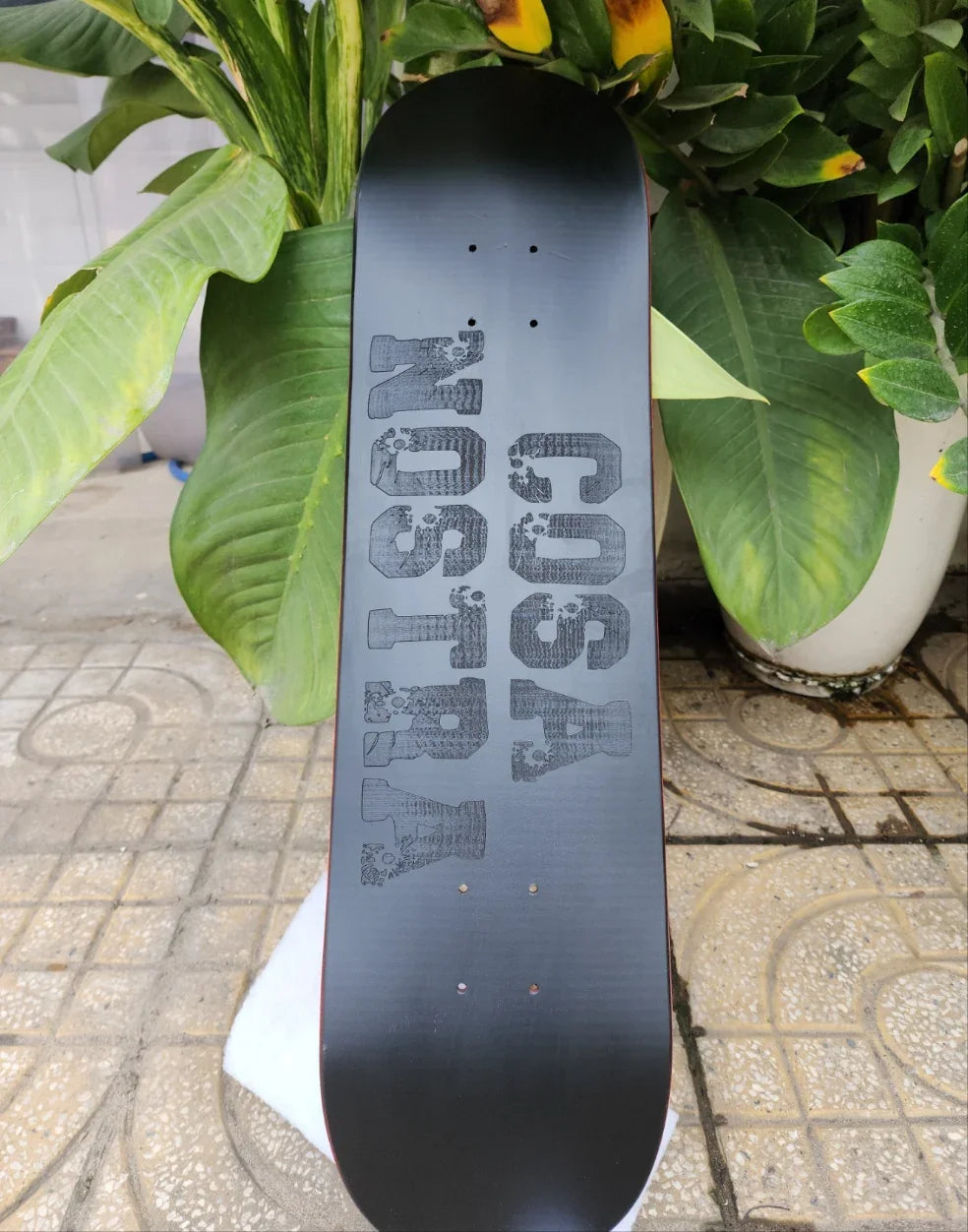 Black fingerboard deck with grey 'COSA NOSTRA' graphic leaning against green leaves.