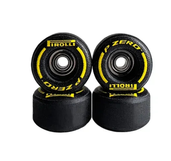 Black P-Zero fingerboard wheels with yellow graphics for custom fingerboard setups.