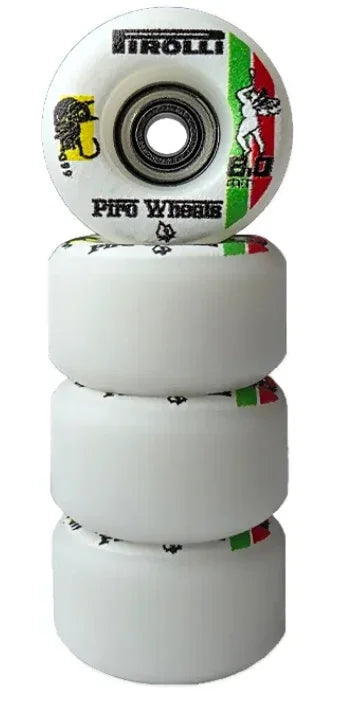 Set of four white Piroli fingerboard wheels with bearings and Italian flag graphics.