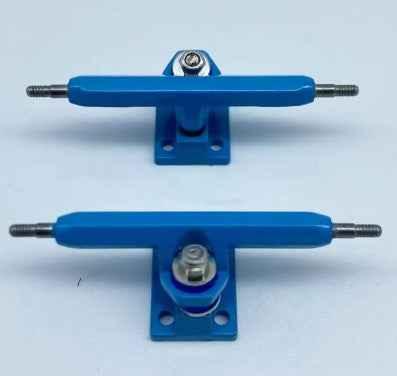 Pair of blue custom fingerboard trucks for miniature skateboards.