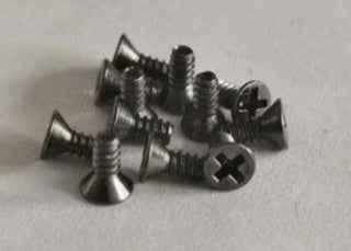 Small silver metal fingerboard screws for custom fingerboard assembly.