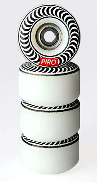 Stack of white Piro fingerboard wheels with black swirl pattern design.