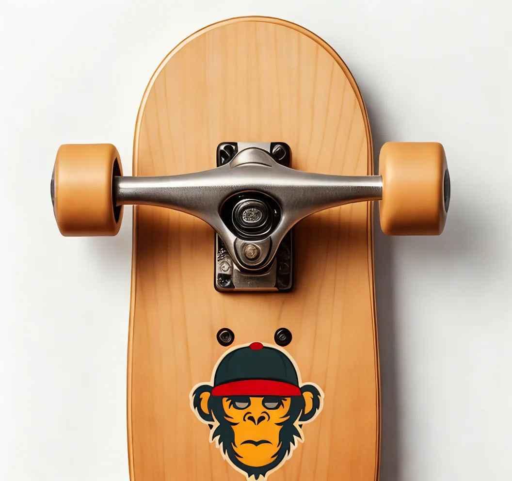 Fingerboard with tan wheels and a monkey sticker on a wooden deck