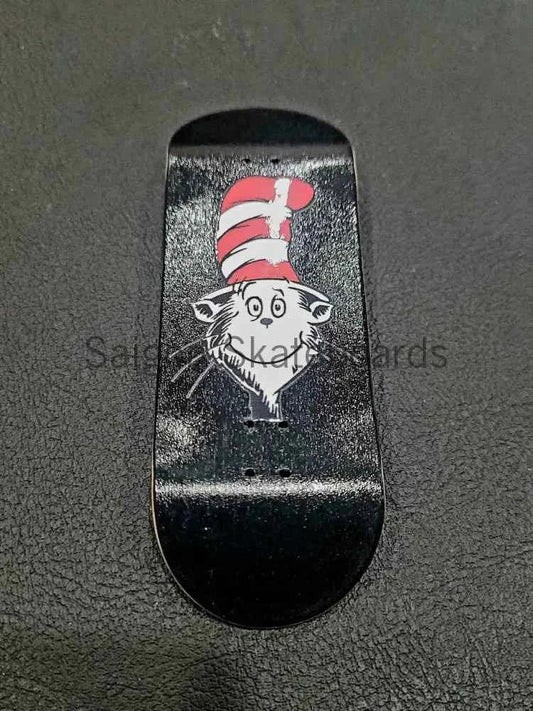 Fingerboard deck with a graphic of a cat wearing a red and white striped hat