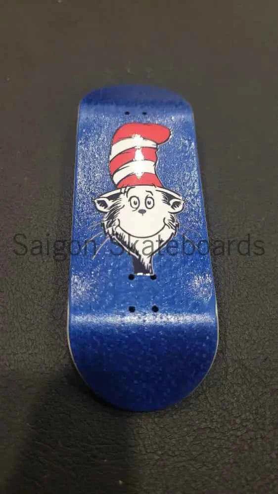 Blue custom fingerboard deck featuring a Cat in the Hat graphic