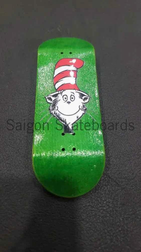 Green custom fingerboard deck featuring the Cat in the Hat illustration