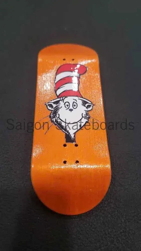 Orange custom fingerboard deck featuring Cat in the Hat graphic