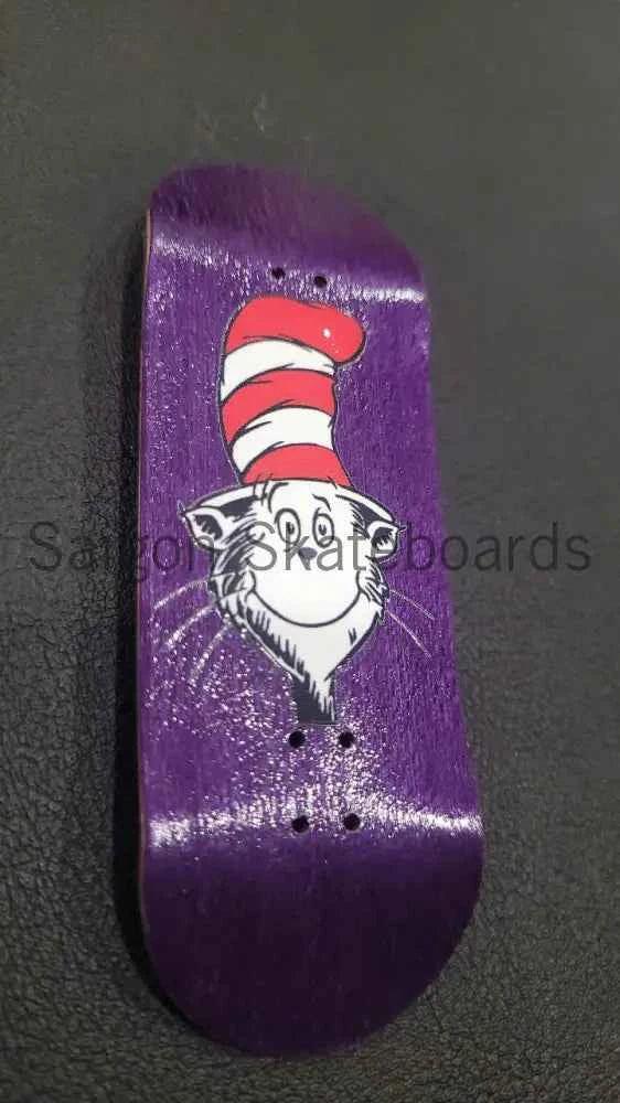 Purple custom fingerboard deck featuring the Cat in the Hat illustration