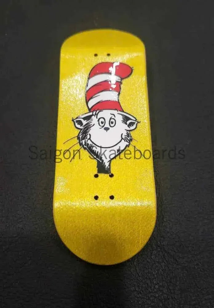 Yellow custom fingerboard deck featuring a Cat in the Hat graphic