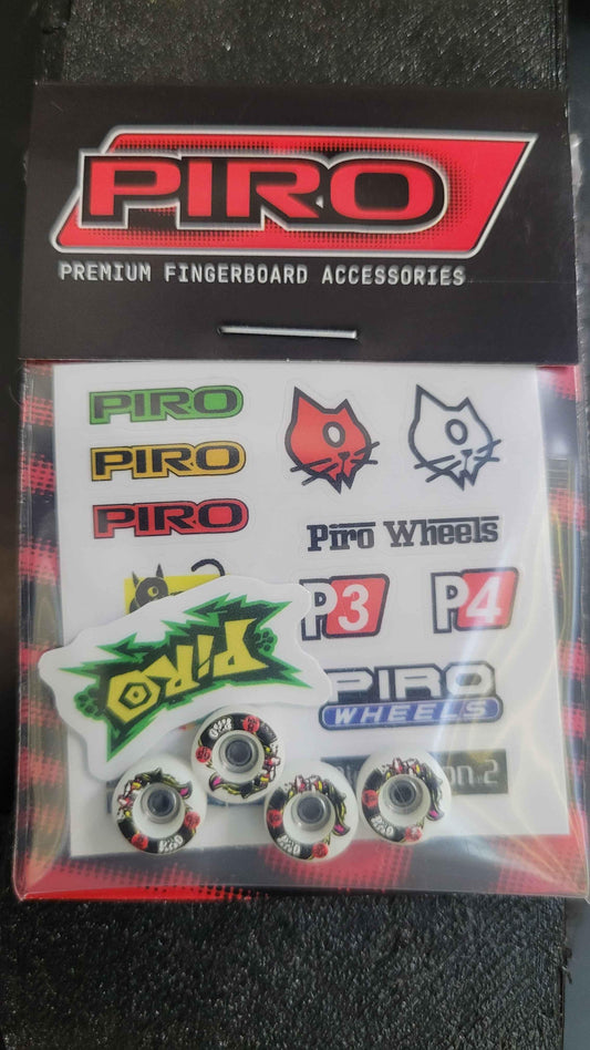 Piro brand premium fingerboard accessory sticker pack with logos and wheels graphics.
