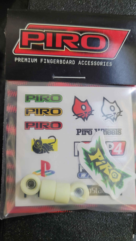 Piro premium fingerboard accessories kit with wheels and graphic stickers.