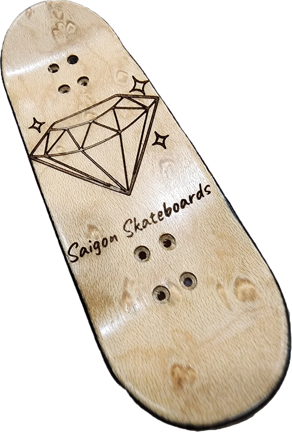Handmade wooden fingerboard deck with diamond engraving and Saigon Skateboards text