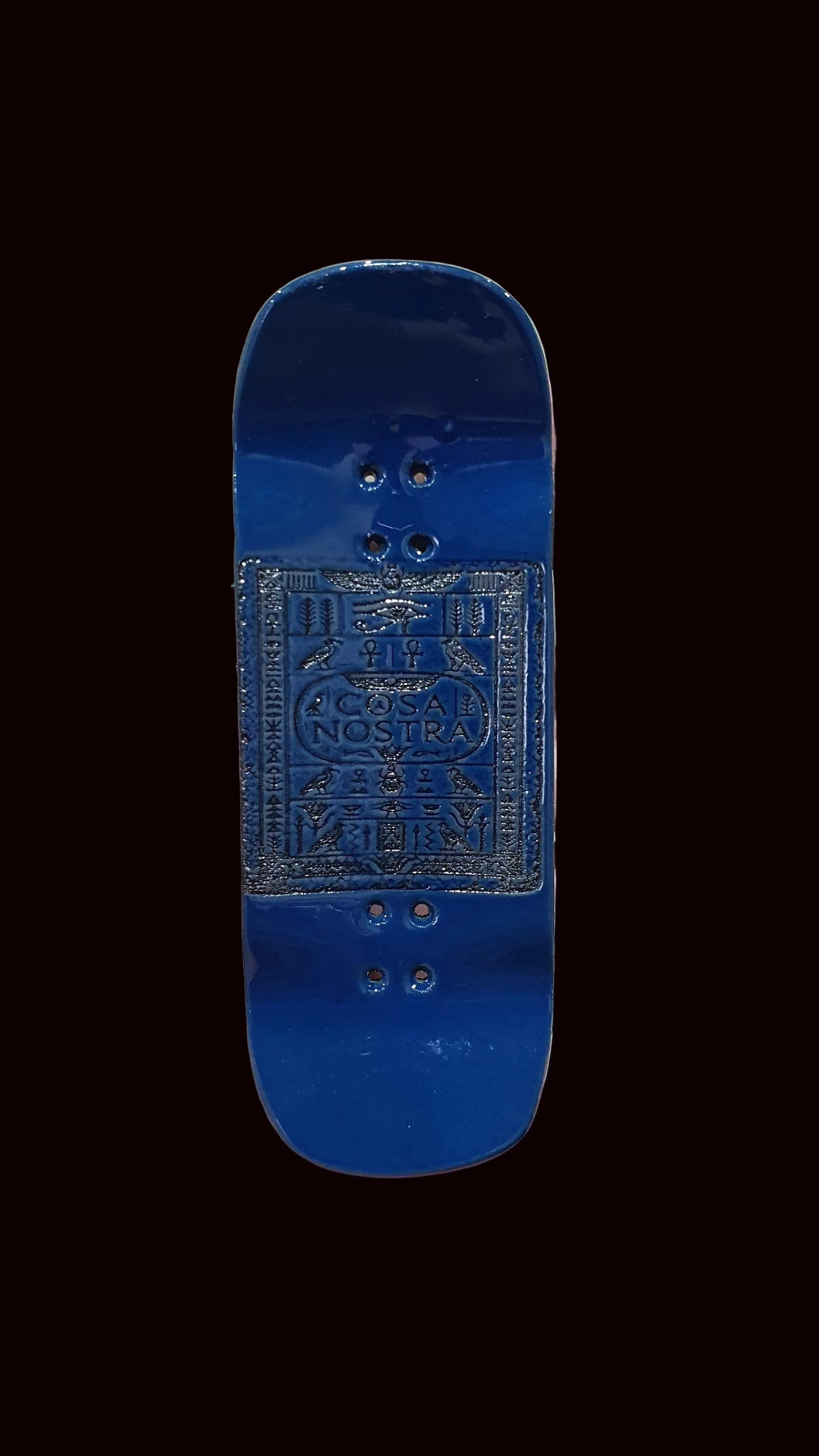 34mm fingerboard deck, blue finish with embossed Egyptian tablet design and mounting holes