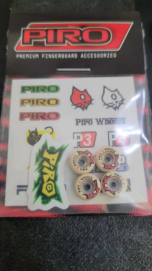 Piro premium fingerboard accessories set with wheels and brand stickers.