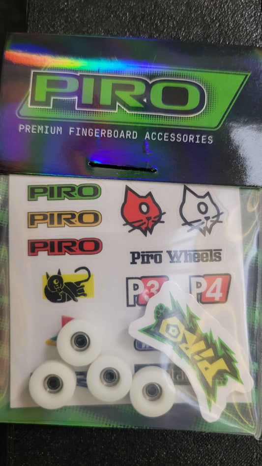 Piro premium fingerboard accessory kit with white wheels and branded stickers.