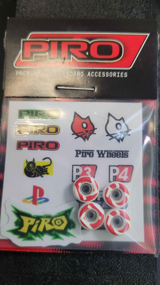 Piro fingerboard accessories set including custom wheels, stickers, and branding decals.