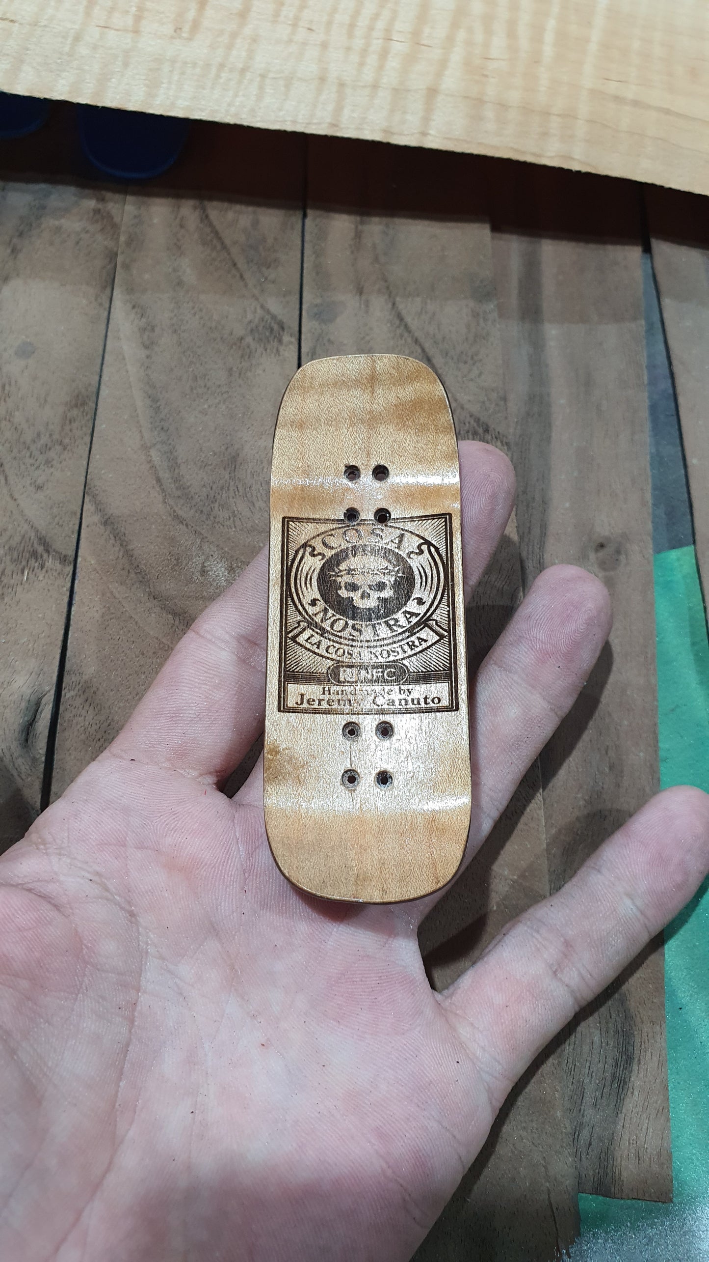 Cosa Nostra Handmade Fingerboard Deck "Hannya" – 6-Ply Canadian Maple, Ebony & Moosewood 34mm Boxy NFC Enabled