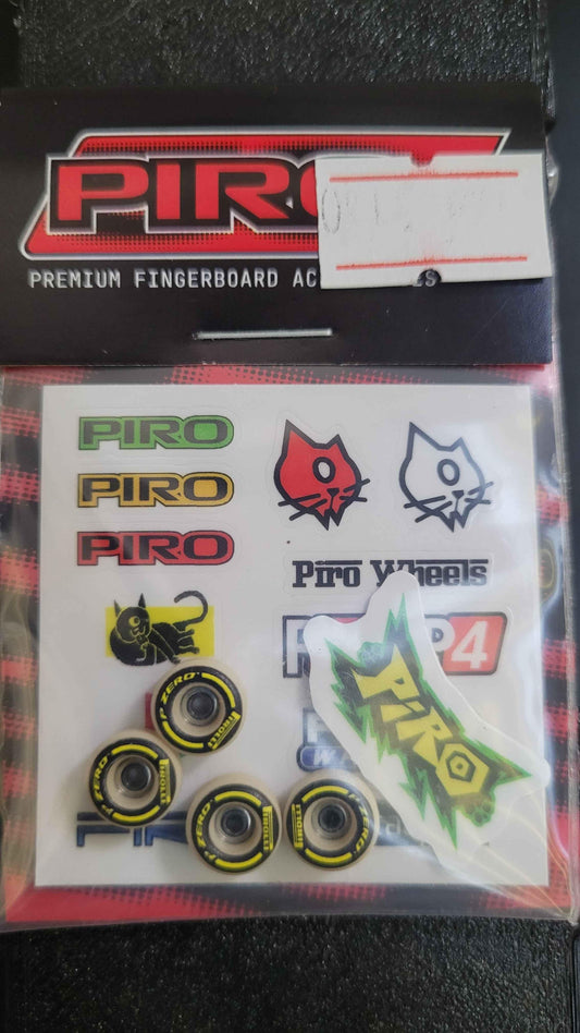 Piro fingerboard accessories set including brand stickers and miniature wheels.