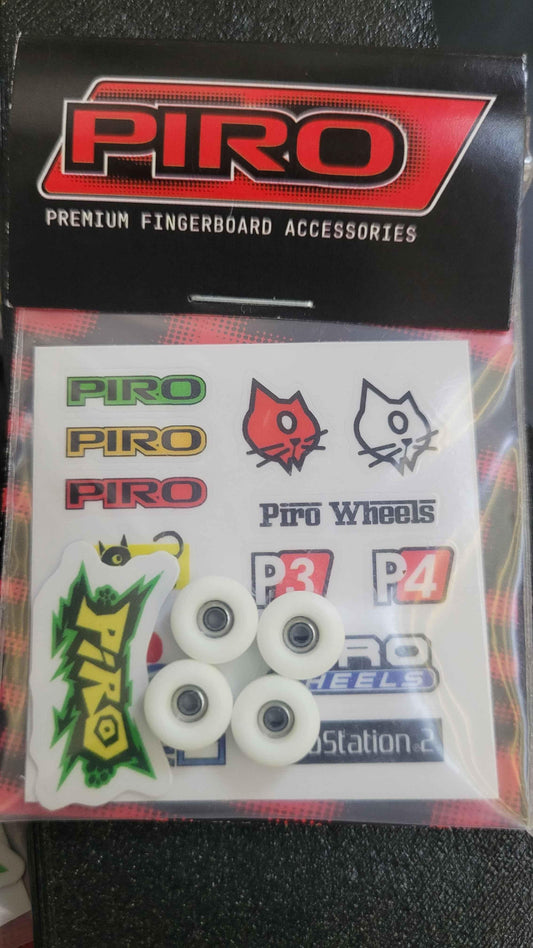 Piro premium fingerboard wheels and sticker set with white wheels and brand decals.