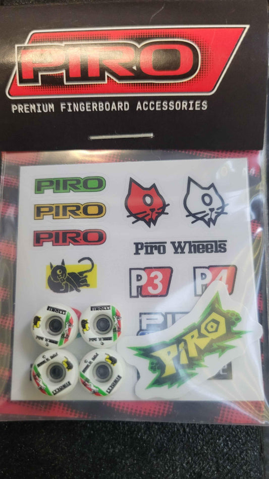 Piro premium fingerboard accessory kit with stickers and miniature wheels.