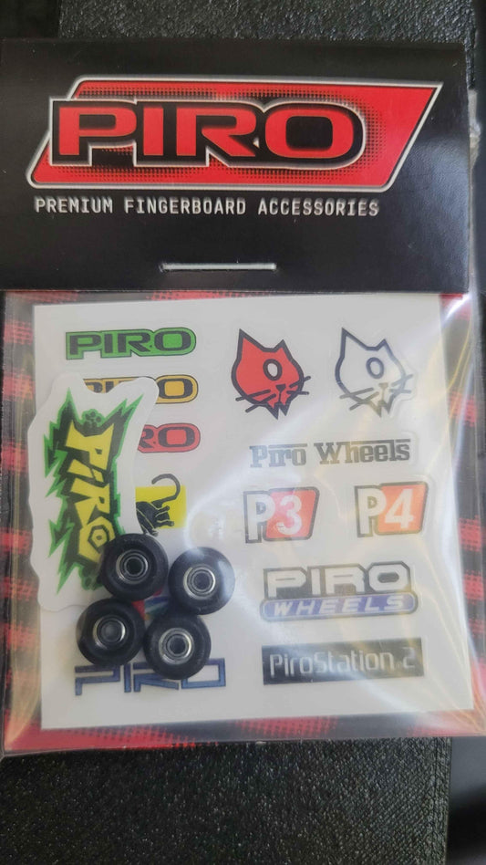 Piro premium fingerboard accessories set with wheels and stickers.