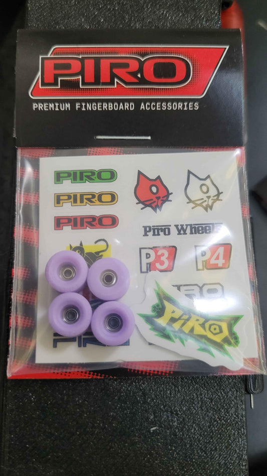 Piro premium fingerboard wheels set with purple wheels and brand stickers.