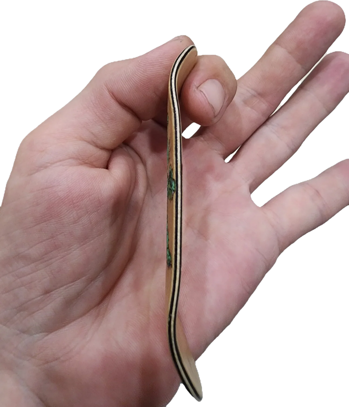 Side view of a handmade custom fingerboard deck held between fingers
