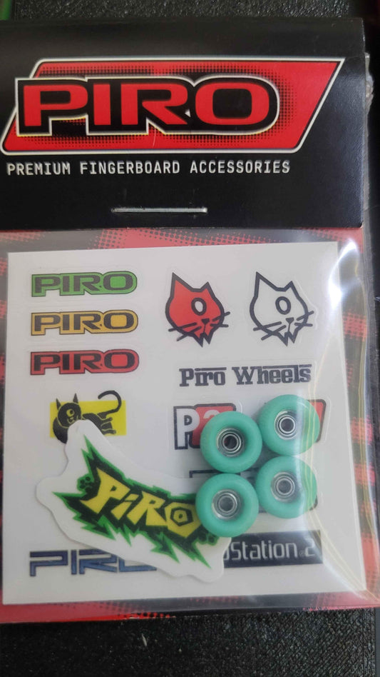 Piro brand premium fingerboard wheels and assorted logo sticker pack.