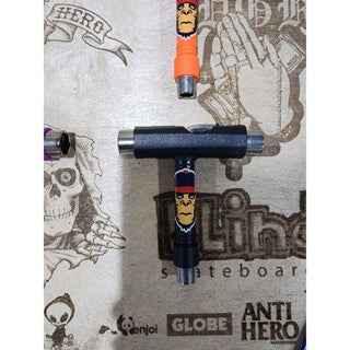 Custom handmade fingerboard trucks with graphic designs on a skate brand background.