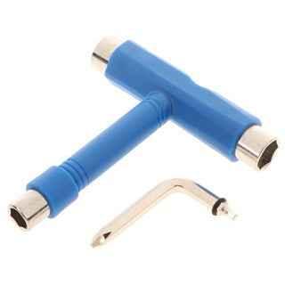 Blue T-tool and silver Allen key for fingerboard maintenance and skate tool adjustments.
