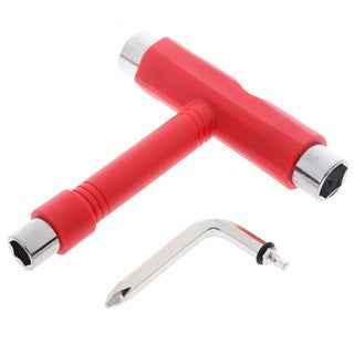 Red T-tool fingerboard skate tool with a silver Allen key accessory.