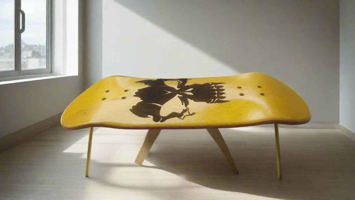 Yellow custom fingerboard deck with black graphic art on a minimal white background