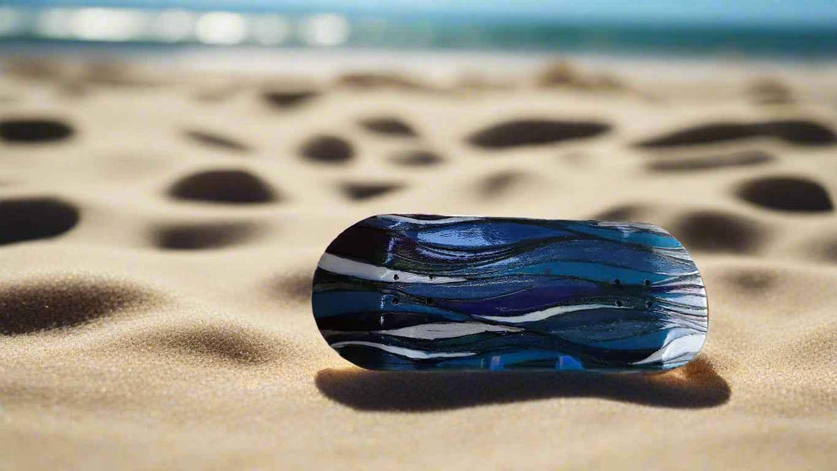 Custom handmade fingerboard deck with blue wave pattern on a sandy beach