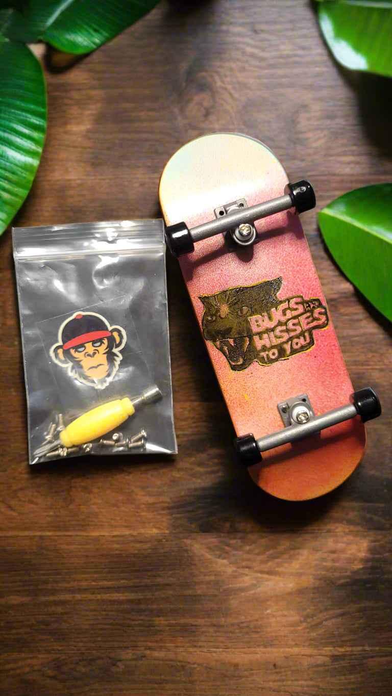Custom fingerboard deck with 'Bugs and Hisses' graphic, trucks, and hardware kit.