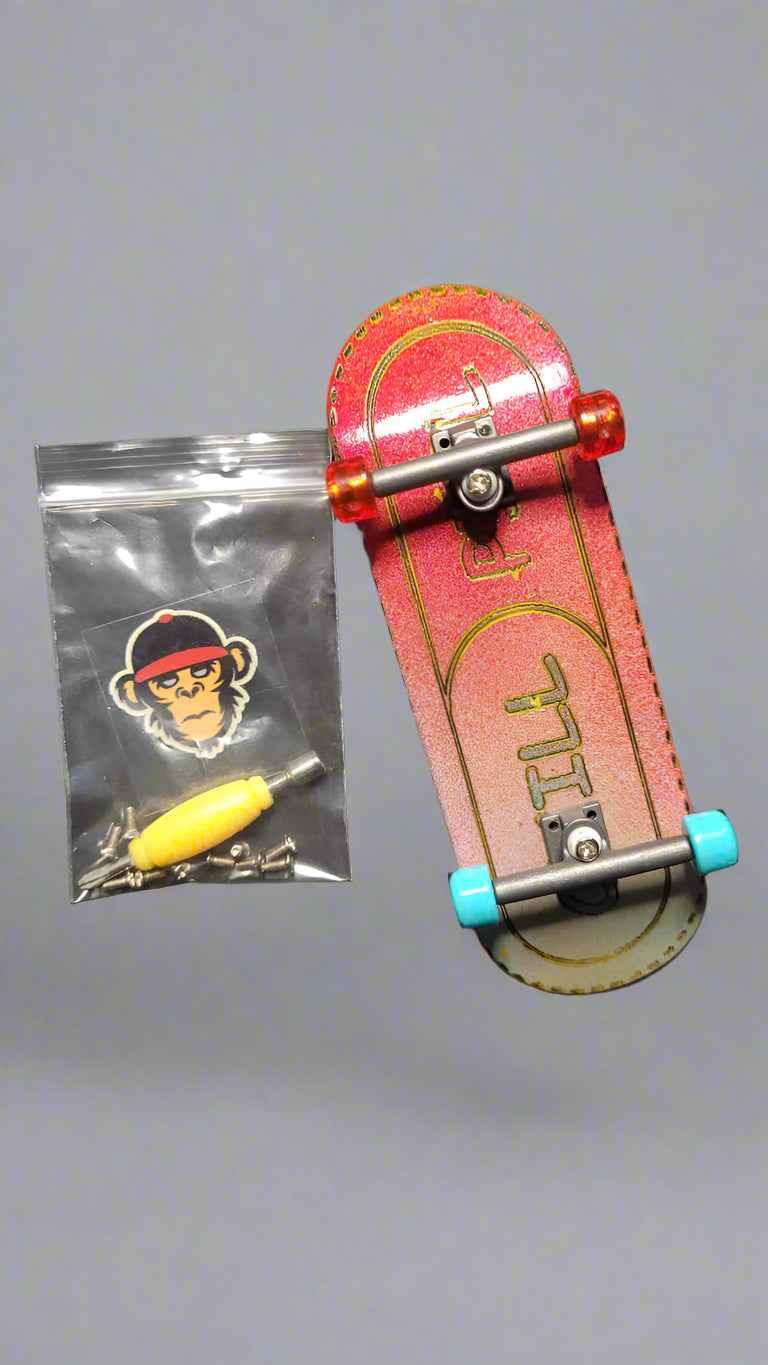 Red custom fingerboard deck with blue and red wheels and a tool kit.