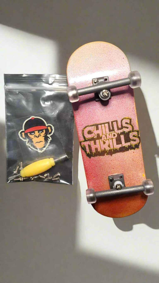 Chills and Thrills custom fingerboard deck with trucks and hardware accessories