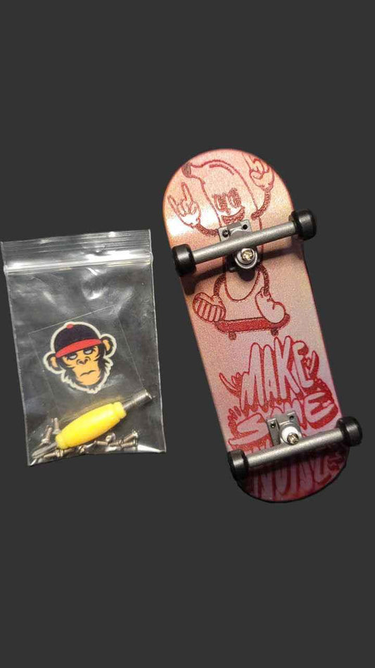 Custom fingerboard deck with graphic, trucks, and accessories in a clear pouch.